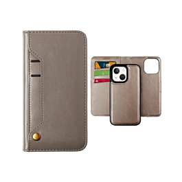 iPhone 14 Plus / 15 Plus Genuine Leather Magnetic Wallet Case with Credit Card Slot - GRAY (Only Ground Shipping)
