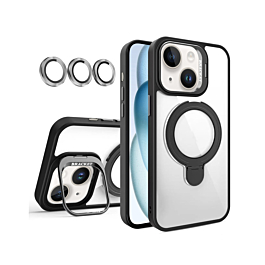 Magnetic Clear Case with 2 Kickstand & Camera Lens - BLACK for iPhone 15 (Only Ground Shipping)