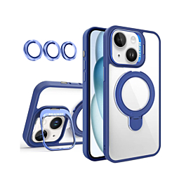 Magnetic Clear Case with 2 Kickstand & Camera Lens - DARK BLUE for iPhone 15 (Only Ground Shipping)