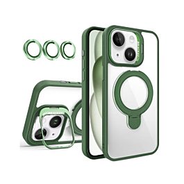 Magnetic Clear Case with 2 Kickstand & Camera Lens - DARK GREEN for iPhone 15 (Only Ground Shipping)