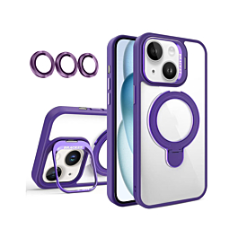 Magnetic Clear Case with 2 Kickstand & Camera Lens - DARK PURPLE for iPhone 15 (Only Ground Shipping)