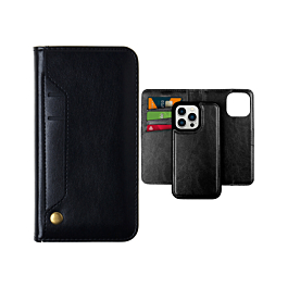 Genuine Leather Magnetic Wallet Case with Credit Card Slot - BLACK for iPhone 15 Pro (Only Ground Shipping)