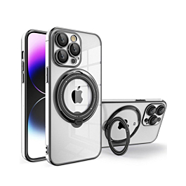Magnetic Clear Cases with Magsafe Ring Stand - BLACK for iPhone 15 Pro (Only Ground Shipping)