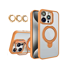 Magnetic Clear Case with 2 Kickstand & Camera Lens - ORANGE for iPhone 15 Pro (Only Ground Shipping)
