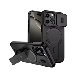 Magnetic Push Slide Lens Case with Kickstand- BLACK for iPhone 15 Pro Max (Only Ground Shipping)