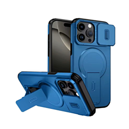 Magnetic Push Slide Lens Case with Kickstand (BLUE) for iPhone 15 Pro Max (Only Ground Shipping)