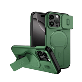 Magnetic Push Slide Lens Case with Kickstand (GREEN) for iPhone 15 Pro Max (Only Ground Shipping)
