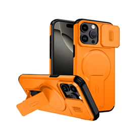 Magnetic Push Slide Lens Case with Kickstand (ORANGE) for iPhone 15 Pro Max (Only Ground Shipping)