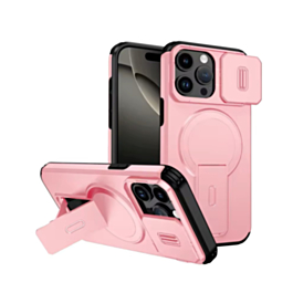 Magnetic Push Slide Lens Case with Kickstand (PINK) for iPhone 15 Pro Max (Only Ground Shipping)
