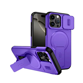 Magnetic Push Slide Lens Case with Kickstand- PURPLE for iPhone 15 Pro Max (Only Ground Shipping)