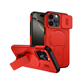 Magnetic Push Slide Lens Case with Kickstand (RED) for iPhone 15 Pro Max (Only Ground Shipping)