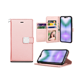 Elegant Leather Wallet Case - ROSE GOLD for iPhone 15 Pro Max (Only Ground Shipping)