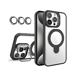 Magnetic Clear Case with 2 Kickstand & Camera Lens - BLACK for iPhone 15 Pro Max (Only Ground Shipping)
