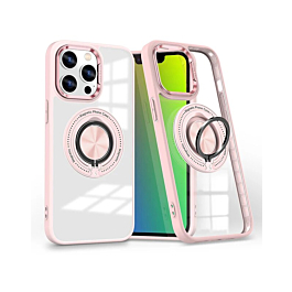 Transparent Wireless Charging Case with Ring Holder (PINK) for iPhone 15 Pro Max (Only Ground Shipping)