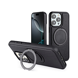 Slim Leather Case with Wireless Charging Kickstand - BLACK for iPhone 15 Pro (Only Ground Shipping)