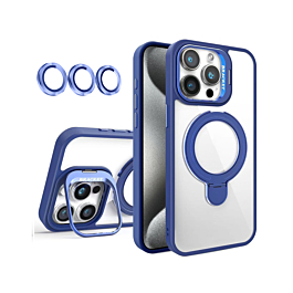 Magnetic Clear Case with 2 Kickstand & Camera Lens - DARK BLUE for iPhone 15 Pro (Only Ground Shipping)