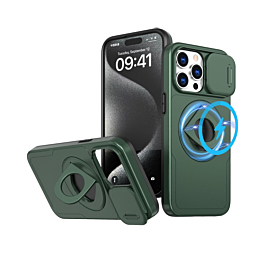 Ring Stand Case & Camera Lens Sliding Cover - DARK GREEN for iPhone 15 Pro (Only Ground Shipping)