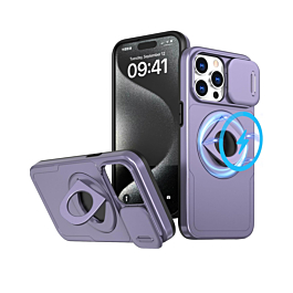 Ring Stand Case & Camera Lens Sliding Cover - PURPLE for iPhone 15 Pro (Only Ground Shipping)