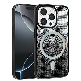Wireless Charging Bling Diamond Crystal Case - BLACK & SILVER for iPhone 15 Pro (Only Ground Shipping)