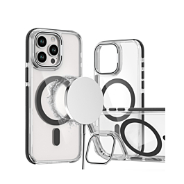 Thin Magnetic Clear Case with Camera Stand Kickstand - BLACK for iPhone 15 Pro (Only Ground Shipping)