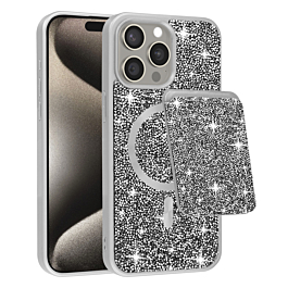 Magnetic Diamond Dual Layer Protection Case with Magnetic Card Slot- SILVER for iPhone 15 Pro Max (Only Ground Shipping)