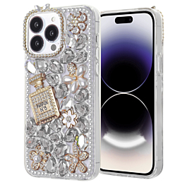 Crystal Flower Perfume Silicone Hard Case - SILVER for iPhone 15 Pro Max (Only Ground Shipping)