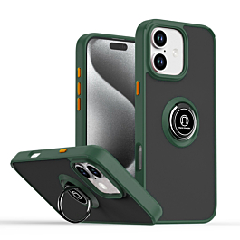 Hard PC Rear / Soft TPU Colorful Border Case with I-ring Holder - DARK GREEN for iPhone 16 (Only Ground Shipping)