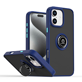 Hard PC Rear / Soft TPU Colorful Border Case with I-ring Holder - NAVY BLUE for iPhone 16 (Only Ground Shipping)