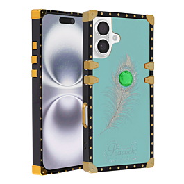 Peacock Feather Design Square Case - TEAL for iPhone 16 (Only Ground Shipping)
