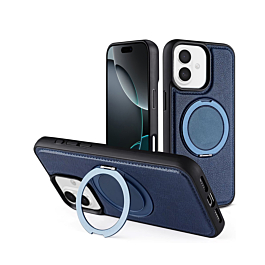 Slim Leather Case with Wireless Charging Kickstand - BLUE for iPhone 16 (Only Ground Shipping)