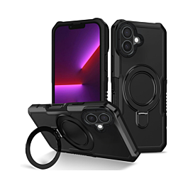 Hard PC Shockproof Case w /Ring Holder - BLACK for iPhone 16 (Only Ground Shipping)