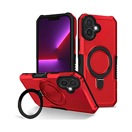 Hard PC Shockproof Case w /Ring Holder - RED for iPhone 16 (Only Ground Shipping)