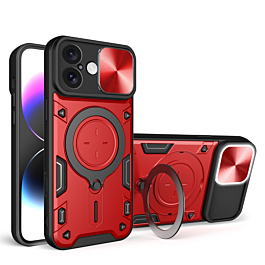 iPhone 16 Dual Layers Hybrid Case with Metal Ring And Camera Protector - RED (Only Ground Shipping)