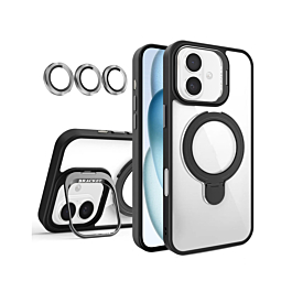 Magnetic Clear Case with 2 Kickstand & Camera Lens - BLACK for iPhone 16 (Only Ground Shipping)