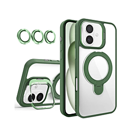 Magnetic Clear Case with 2 Kickstand & Camera Lens - DARK GREEN for iPhone 16 (Only Ground Shipping)