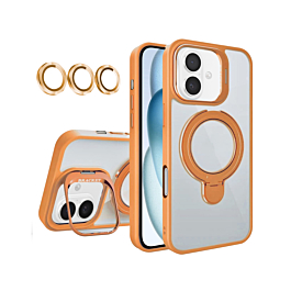Magnetic Clear Case with 2 Kickstand & Camera Lens - ORANGE for iPhone 16 (Only Ground Shipping)