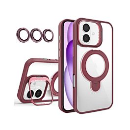 Magnetic Clear Case with 2 Kickstand & Camera Lens - WINE RED for iPhone 16 (Only Ground Shipping)