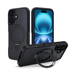 Carbon Fiber Magnetic Kickstand Case - BLACK for iPhone 16 (Only Ground Shipping)