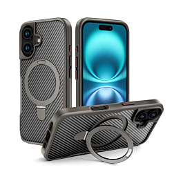 Carbon Fiber Magnetic Kickstand Case - GRAY for iPhone 16 (Only Ground Shipping)