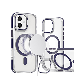 Thin Magnetic Clear Case with Camera Stand Kickstand - PURPLE for iPhone 16 (Only Ground Shipping)