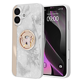 Luxury Diamond Shiny Cases with Butterfly Ring - WHITE for iPhone 16 Plus (Only Ground Shipping)