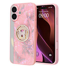 Luxury Diamond Shiny Cases with Butterfly Ring - PINK for iPhone 16 Plus (Only Ground Shipping)