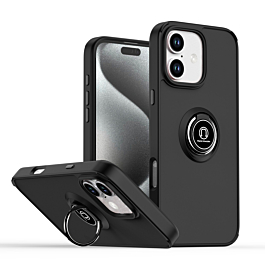iPhone 16 Plus Hard PC Rear / Soft TPU Colorful Border Case with I - ring Holder - BLACK (Only Ground Shipping)
