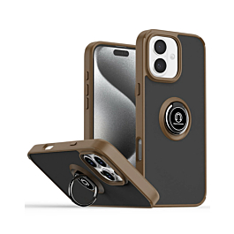 Hard PC Rear / Soft TPU Colorful Border Case with I-ring Holder - DESERT TITANIUM for iPhone 16 Plus (Only Ground Shipping)