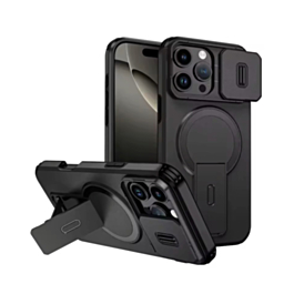 Magnetic Push Slide Lens Case with Kickstand- BLACK for iPhone 16 Pro Max (Only Ground Shipping)