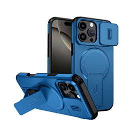Magnetic Push Slide Lens Case with Kickstand (BLUE) for iPhone 16 Pro Max (Only Ground Shipping)