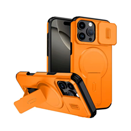Magnetic Push Slide Lens Case with Kickstand (ORANGE) for iPhone 16 Pro Max (Only Ground Shipping)