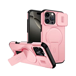 Magnetic Push Slide Lens Case with Kickstand (PINK) for iPhone 16 Pro Max (Only Ground Shipping)
