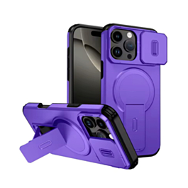 Magnetic Push Slide Lens Case with Kickstand- PURPLE for iPhone 16 Pro Max (Only Ground Shipping)