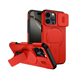 Magnetic Push Slide Lens Case with Kickstand (RED) for iPhone 16 Pro Max (Only Ground Shipping)